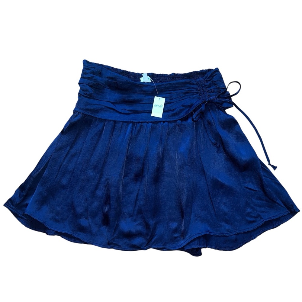 Aerie Navy Blue Skirt with Ruched Tie Front & Satin Finish Women’s Medium